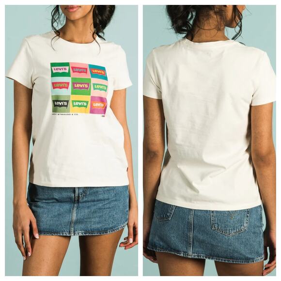 NEW Levi's Graphic T-Shirt Womens XL Pop Art Batwing Logo Perfect Tee Ivory - Picture 1 of 8